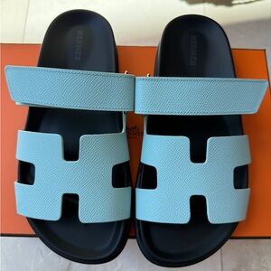 HERMES H CHYPRE BLUE BLEU CRISTAUX EPSOM LEATHER SANDALS SHOES FLAT SLIDES 37